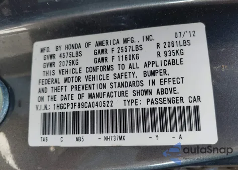 2012 Honda Accord Exl z USA, uszkodzony, nr VIN 1HGCP3F89CA040522